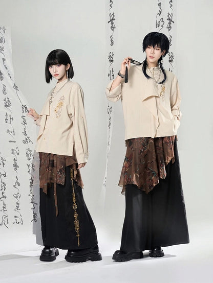 Long Blouse Embroidered Chinoiserie Sleeve Asymmetrical Ivory