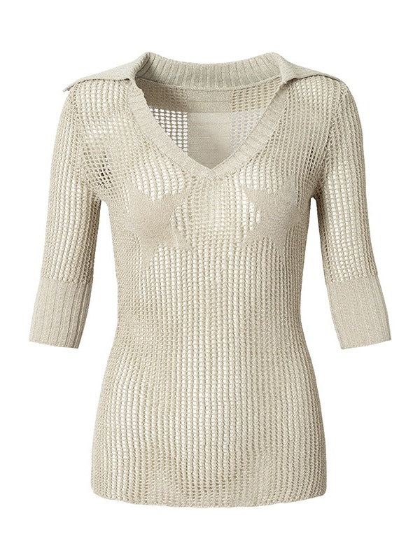 Off-White Star Pattern V-Neck Knit Top Hollow Out - NO ROMANCE