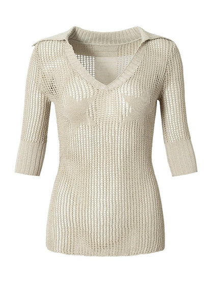 Off-White Star Pattern V-Neck Knit Top Hollow Out - NO ROMANCE