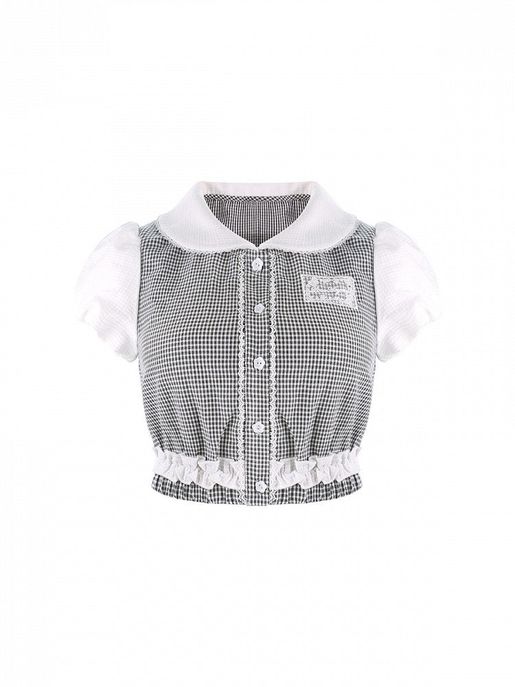 Black & White Gingham Peter Pan Collar Puff-Sleeve Blouse - serendipity