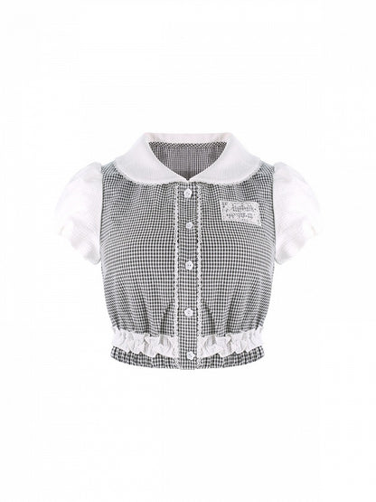 Black & White Gingham Peter Pan Collar Puff-Sleeve Blouse - serendipity