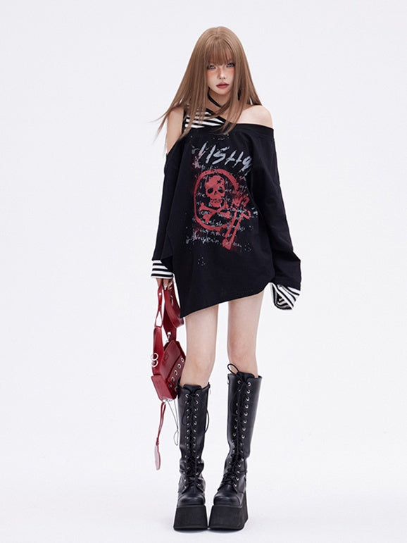 Print Skelett Punk Top Faux Zweiteiler Glamourös Schwarz Asymmetrischer Ausschnitt und Saum