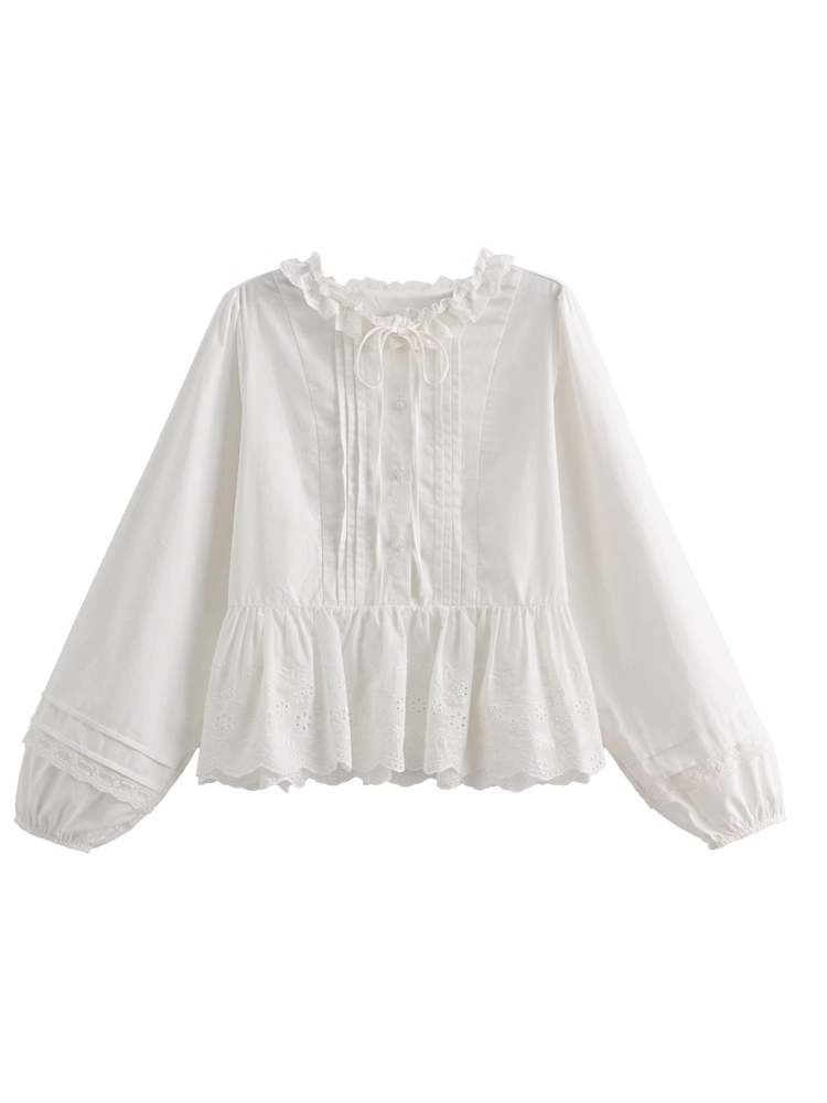 Self-tie Ruffle Neckline White Pleating Hem Blouse Details Lace