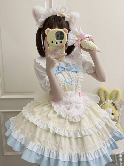 Yellow JSK Ruffle Bow Apron Maid Lolita + Dress Adorable Heart
