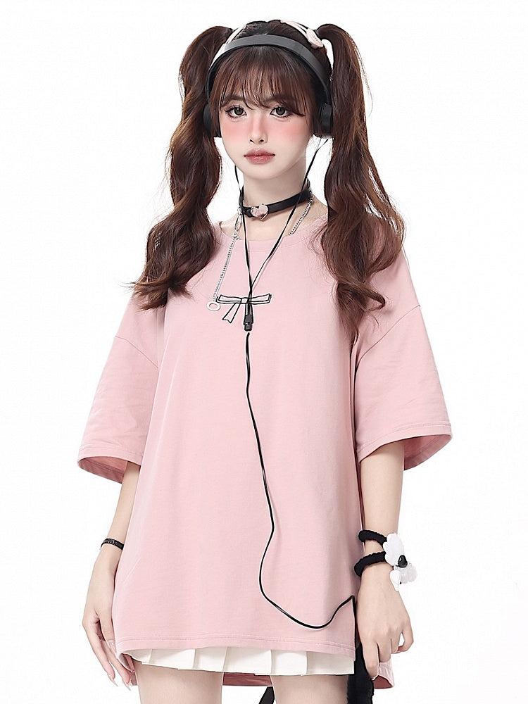 with Print Details T-shirt Bow Lacing Ribbons Pink Back Multi-Color