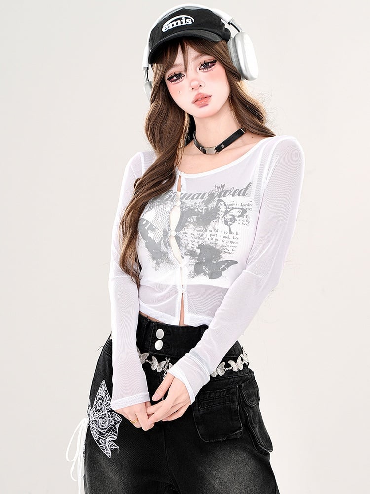 White/Pink Butterflies Print Semi-sheer Cropped Top with Cami Top Set
