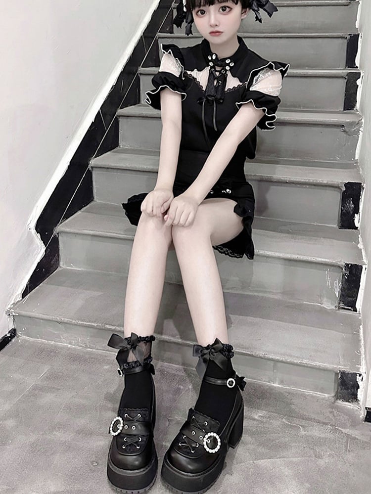 Jirai Shoes Style Kei Heels Schwarz Matt Chunky Plateau Landmine