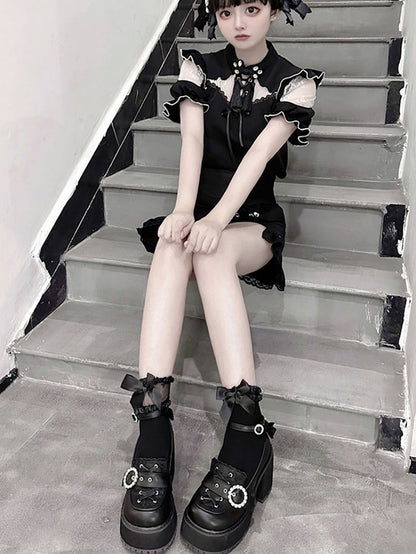 Jirai Shoes Style Kei Heels Schwarz Matt Chunky Plateau Landmine