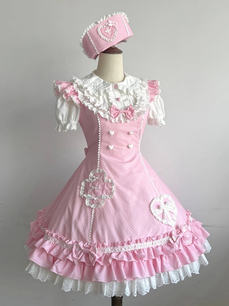 Pink Ruffle Lolita Dress Nurse Hemline Polka-dot Layered Pattern