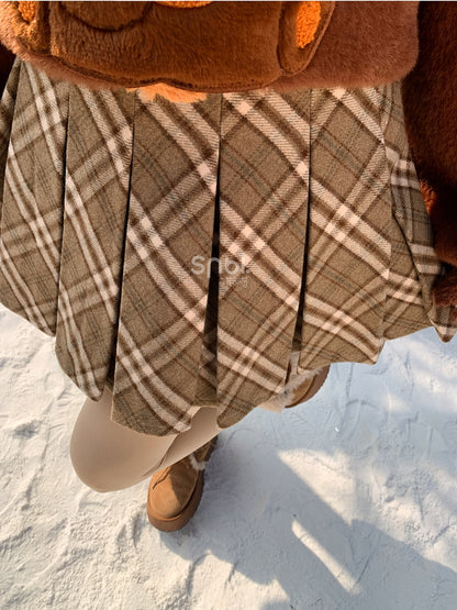Brown High Waist Plaid Box Pleat Skirt