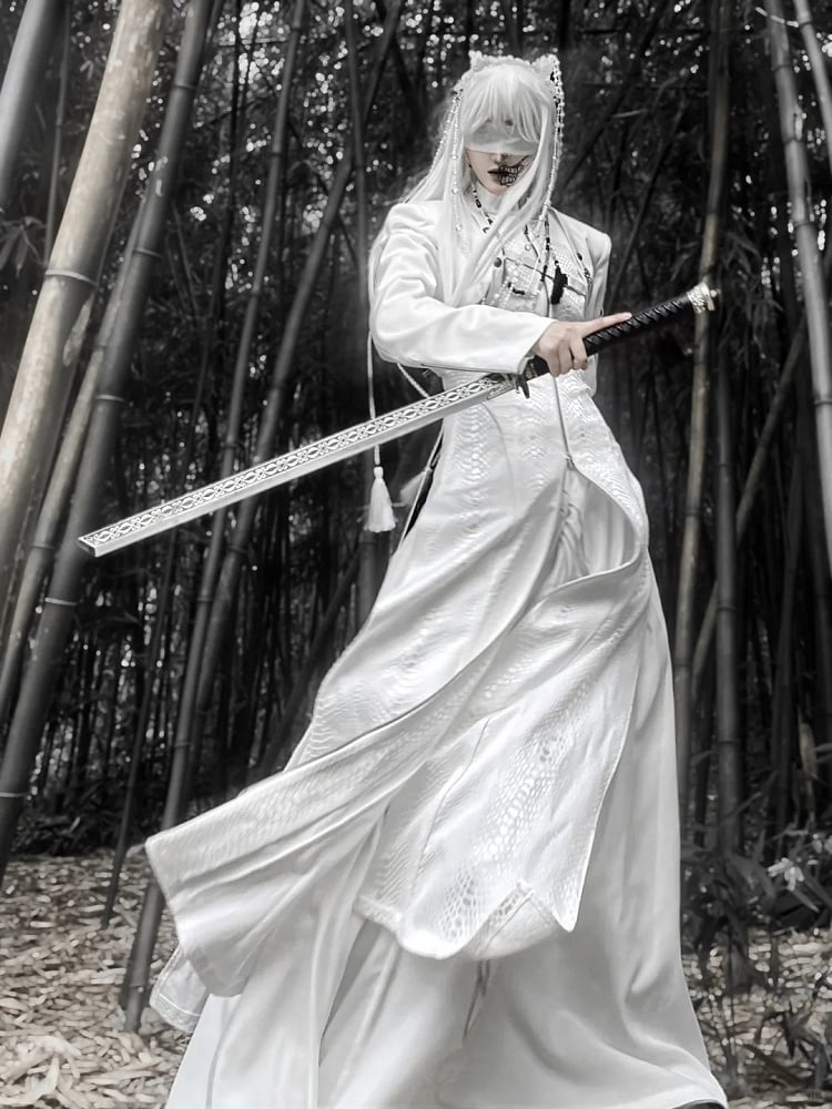 Snakeskin-grain Design Long Unisex Two-Piece Coat False - White Goth
