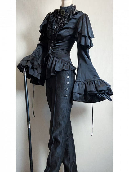 Black Shoulder Ruffle Panels Lolita Blouse with Aristocrat Cascading Ouji