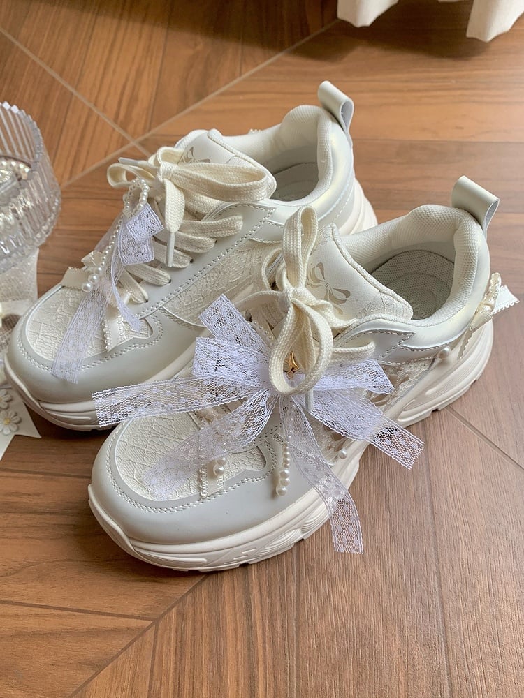 Bowknot Details Lace-up Front Ties White Beaded Decorated Sneakers