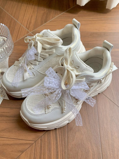 Bowknot Details Lace-up Front Ties White Beaded Decorated Sneakers