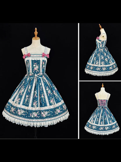 Teal Floral Print Classic Lolita JSK Dress with Back Lace-Up & Box Pleat Skirt - Miss Cube Dressworks