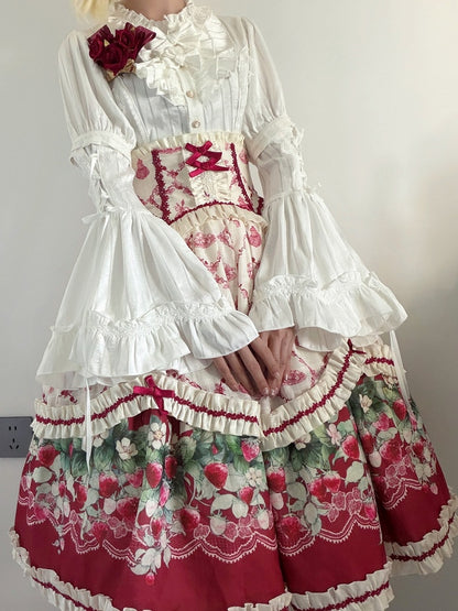 Ruffled Beige & White Shirt with Bowknots & Detachable Bell Sleeves - Currant