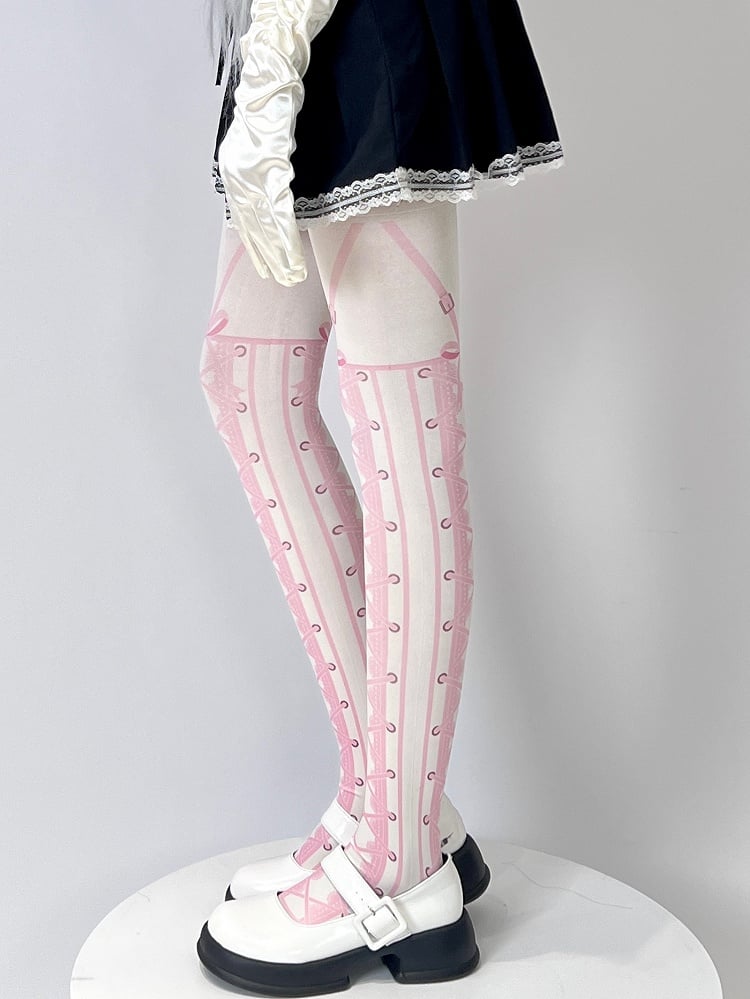 Print Sweet White Lace-up Tights Lolita
