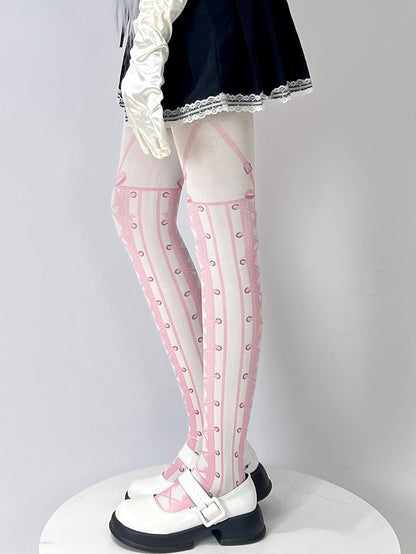 Print Sweet White Lace-up Tights Lolita