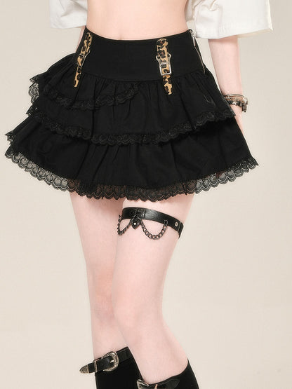 Buckle Glamorous Black Lace Straps Trim Tiered Skirt Leopard