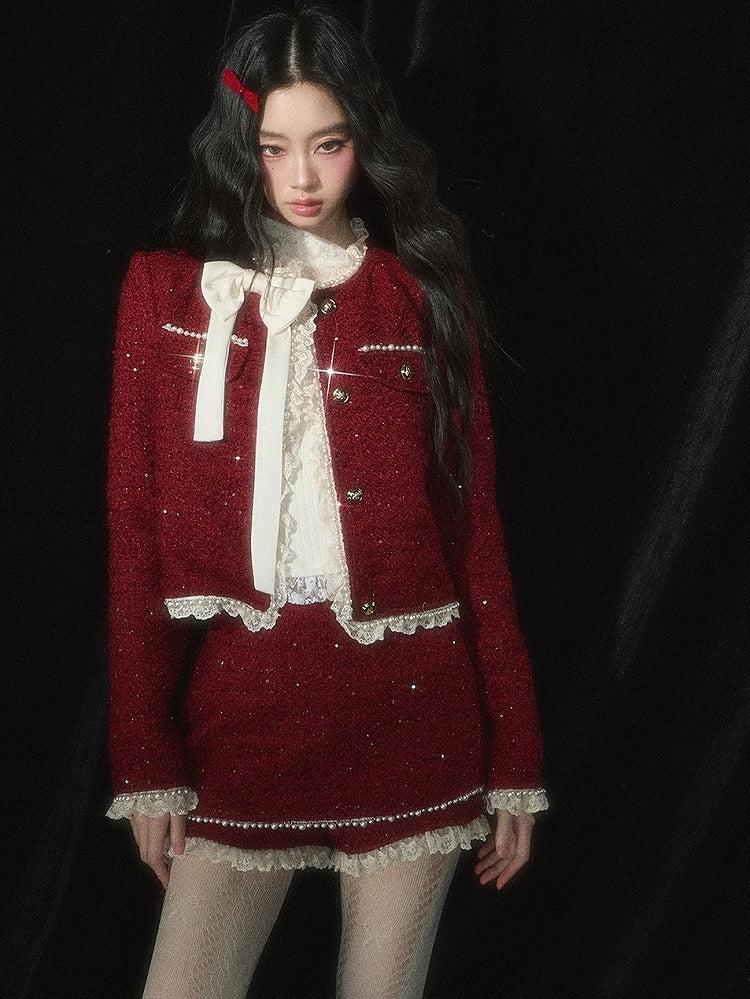 Weihnachtsrote Tweed-Kurzjacke mit Spitzenbesatz, Schleife und Perlendetails