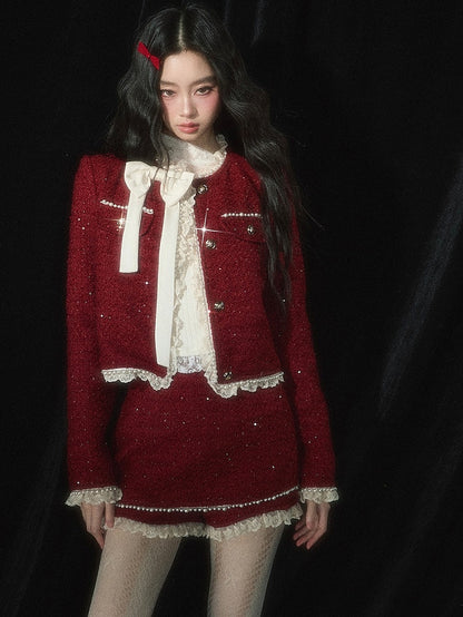 Weihnachtsrote Tweed-Kurzjacke mit Spitzenbesatz, Schleife und Perlendetails