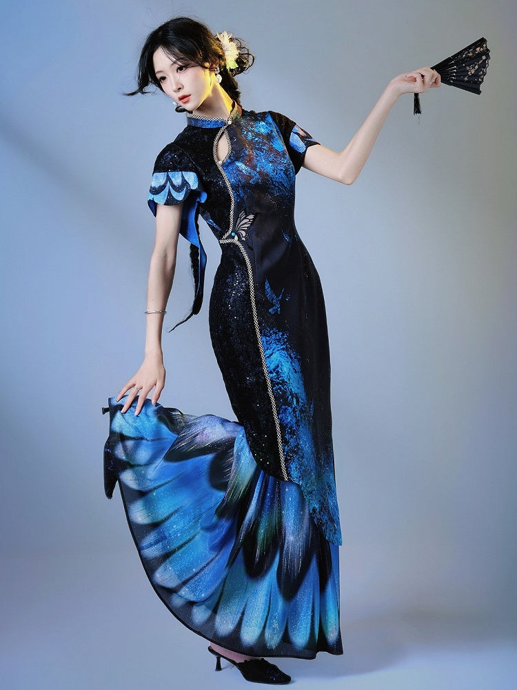 Satin Black & Blue Butterfly Cheongsam Long Dress with Floral Print - sijinstudio
