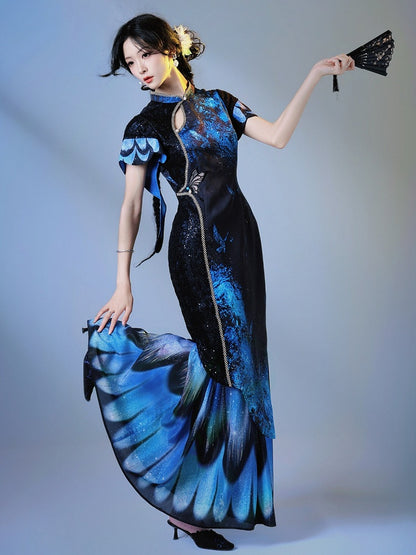 Satin Black & Blue Butterfly Cheongsam Long Dress with Floral Print - sijinstudio