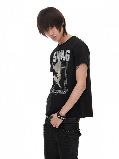 Genderless Punk Black Tee with Girl Rhinestone Print - DETW OnLine