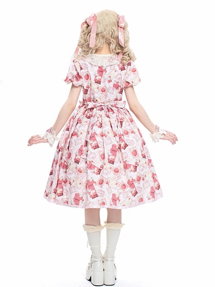 Lace Puff Pink with Sleeves Collar Lolita Beige Dress Print Strawberry Sweet