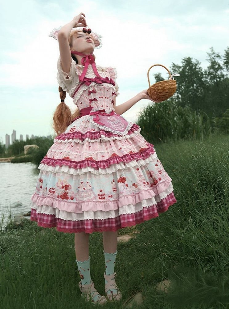 Pink Cherry Cake Print Sweet Lolita Dress with Layered Ruffles - Strawberry Fantasy