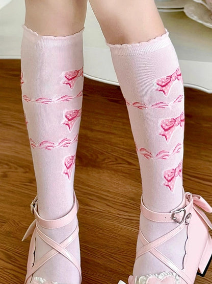 Pattern Pink Socks Bowknot Lolita Calf Sweet