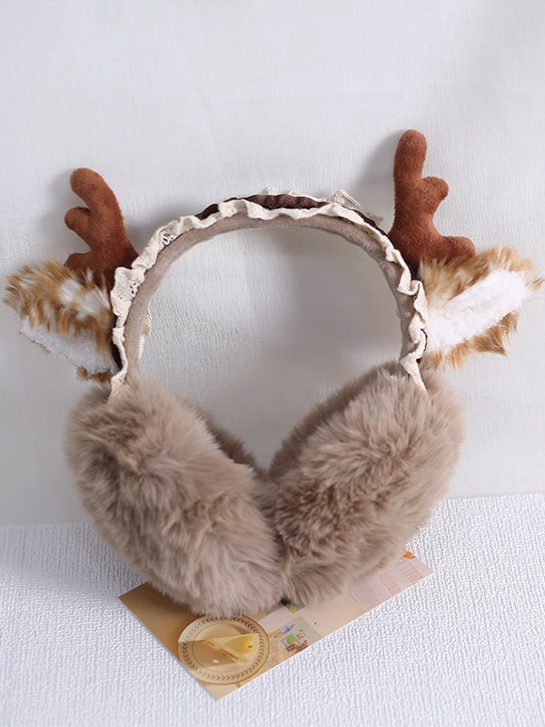 Lolita KC Khaki with Cute Elk Ear Off - White / Lace Muffs Antler