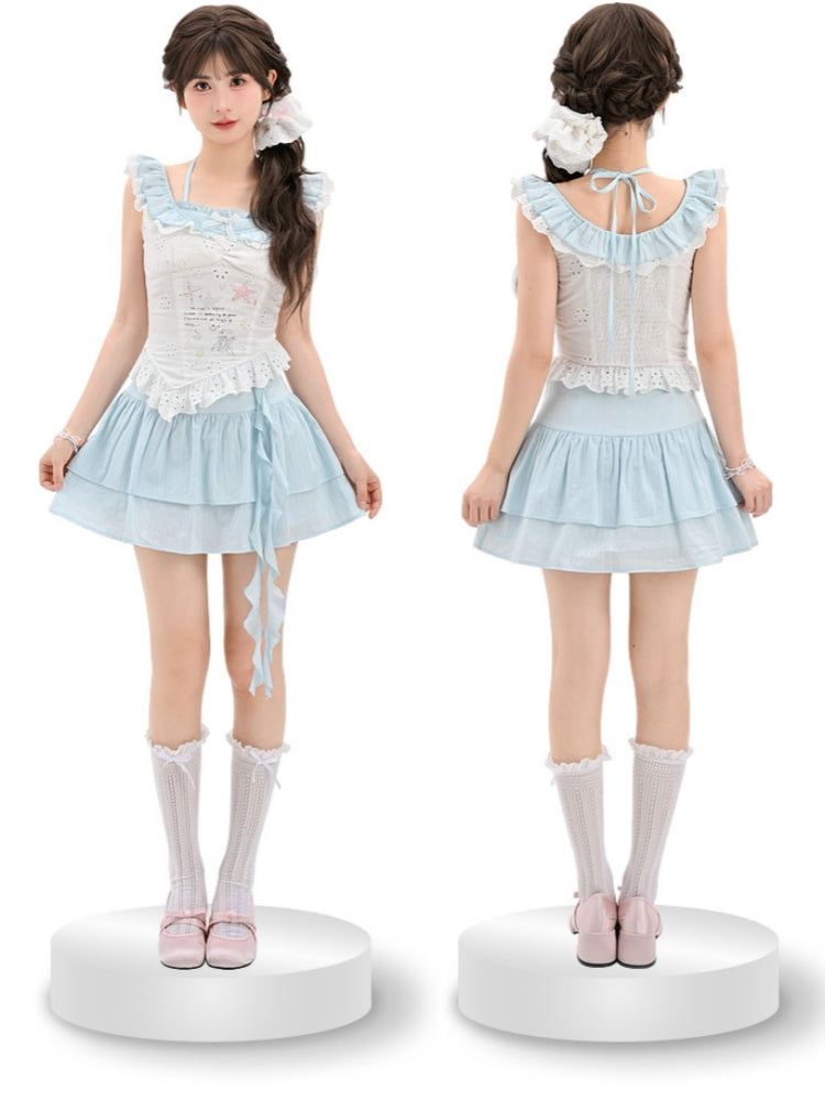 ゆめかわいいブルーのリボンディテールウエストティアードスカート