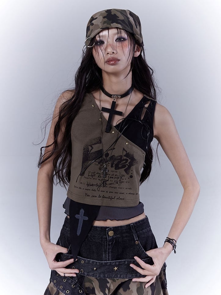 Grünes, geschnürtes Schulter- und asymmetrisches Saum-Tanktop Wasteland Punk Army