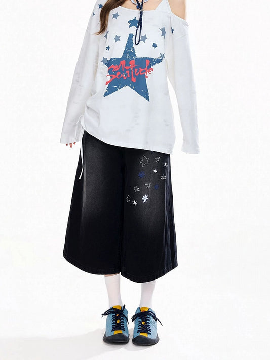 Daily Kawaii Black Cropped Wide-Leg Denim Pants with Star Appliqué - Rayohopp