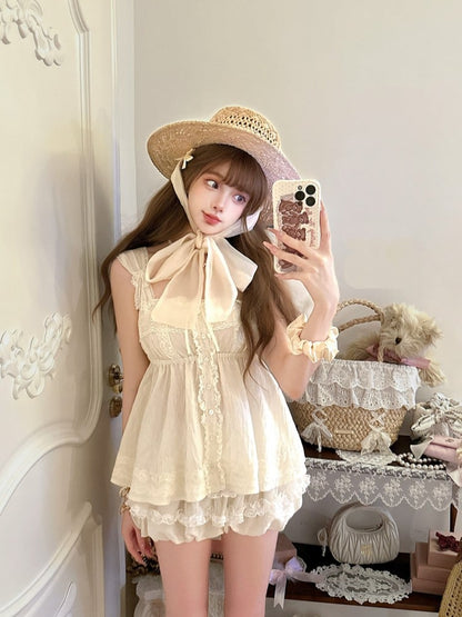 Top With Bows Satin Trim Lace Cami Apricot