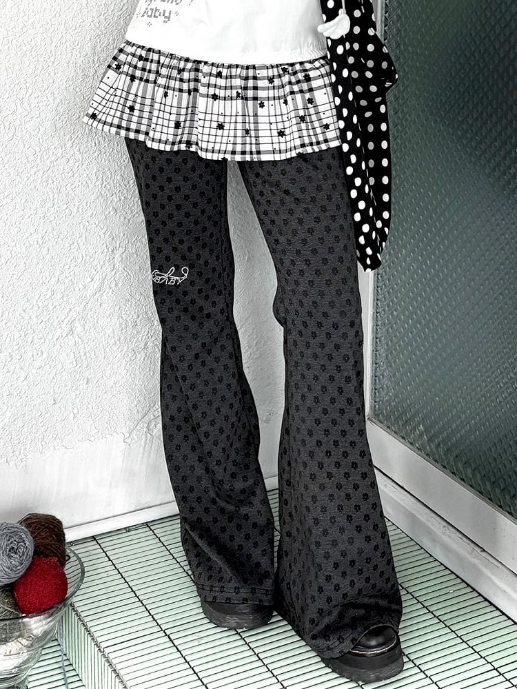 Accents Silhouette Pants Deep Pattern with Gray Kawaii Flare Floral Rhinestone Daily