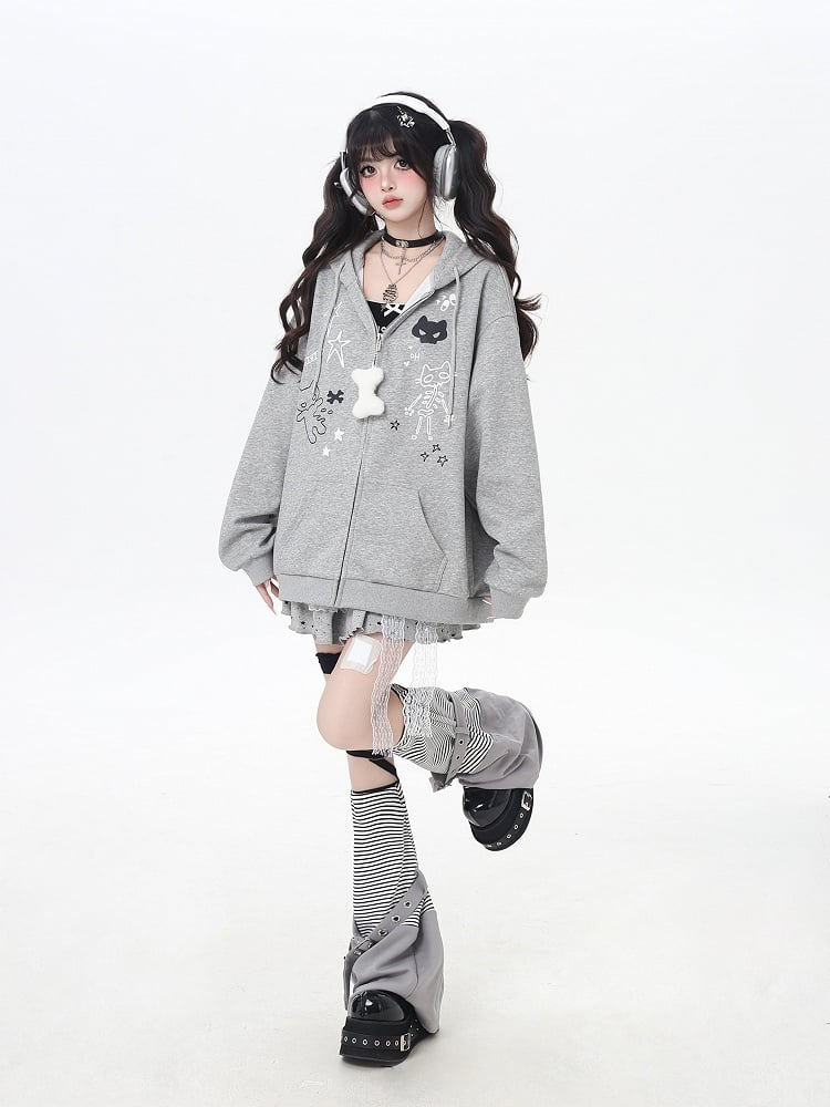 Bone Plushie Schwarz/Grau Zip-up Hoodie mit Kitty Ohren Kapuze und
