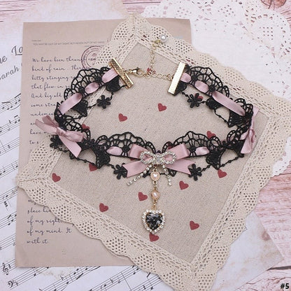 Kei 12 Heart Rhinestone Lace Choker Jirai Bowknot Options Color