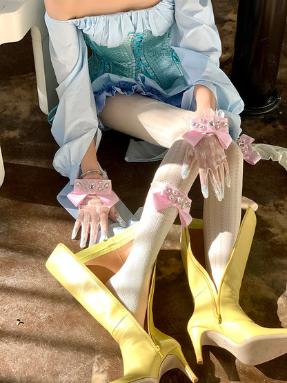 Bowknot Colors Lace 4 Calf Mesh Rhinestone Decoration Socks with