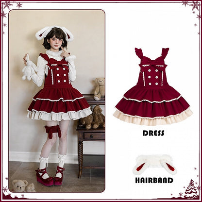 Sweet Winter Lolita Tiered Overall Dress in Red with Bunny Ear Hairband - With PUJI