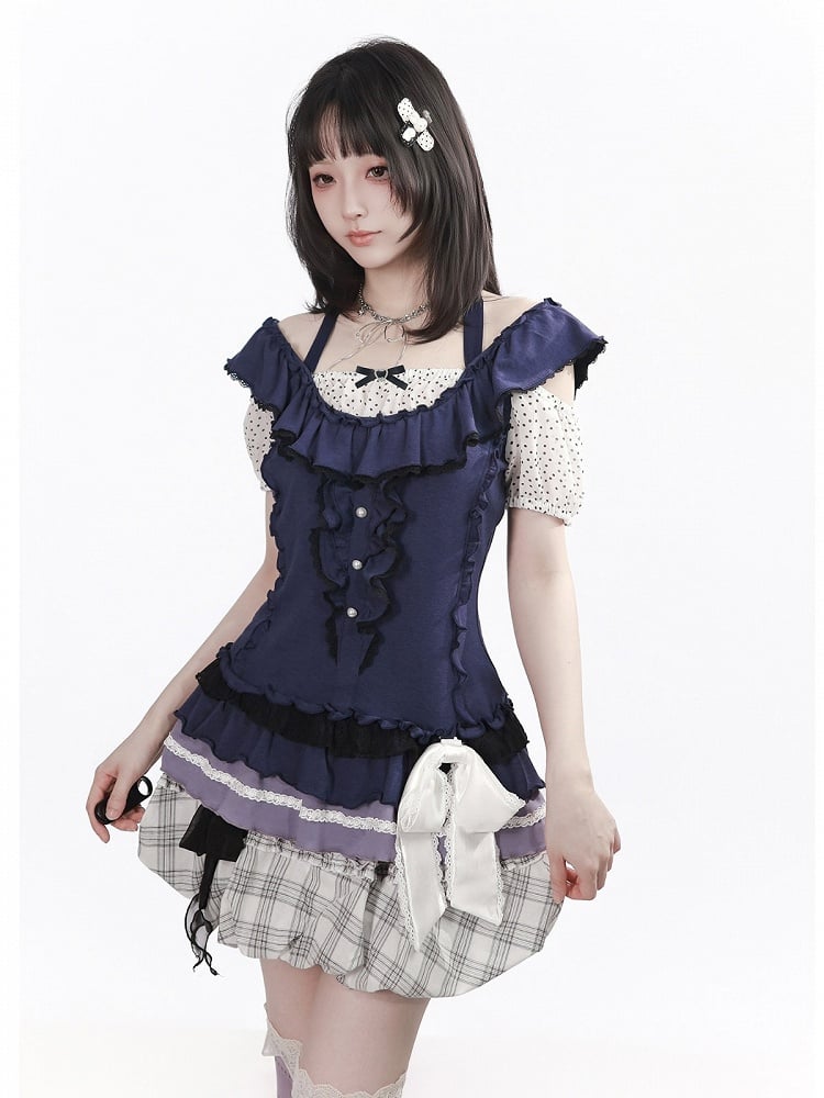 Dark Blue Polka Dot Puff Sleeve Top with Bow - PINK SAVIOR
