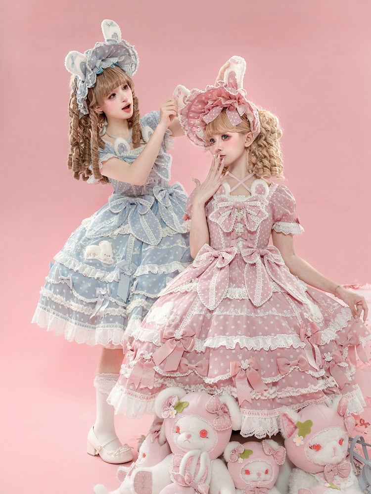 Hase Rosa Plüsch Ohren Muster Süße Punkte Ausschnitt Version Wunderschöne Kleid Polka Licht Lolita