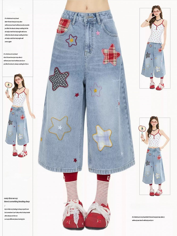 Cute Light Blue Cropped Wide-Leg Denim with Star Patches - Rayohopp