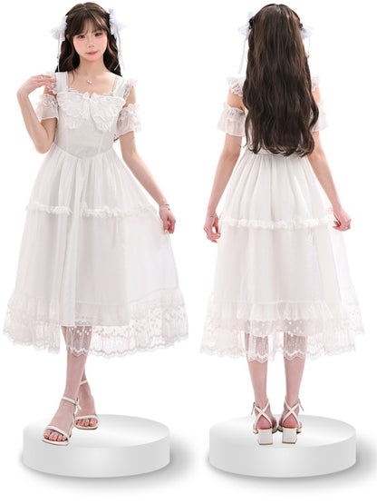 Mesh Overlay Detail with Sweet Dress White Flutter Sleeves Butterfly Neckline