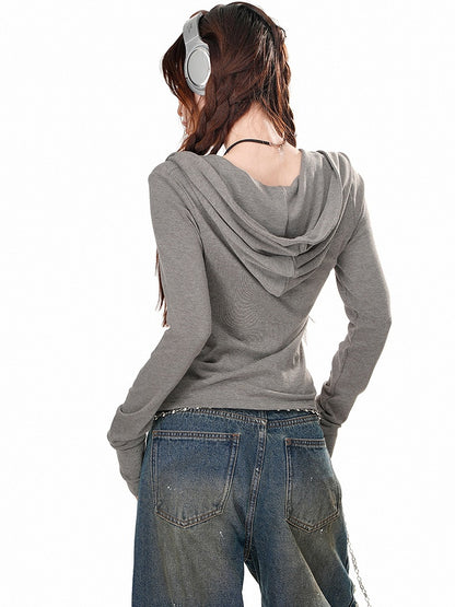 グレー/ブラウン レタープリント スリムフィット ロングスリーブ フード付きTシャツ