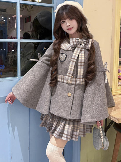 グレーのプレッピースタイルベルスリーブジャケット（チェック柄リボンアクセント付き）+グレーのチェック柄プリーツスカートセット