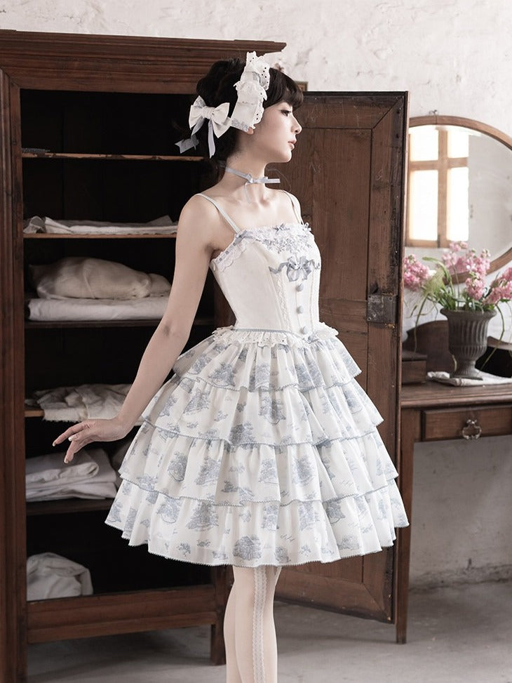 White Lace Trim Collar with Blue Floral Pattern - CEL