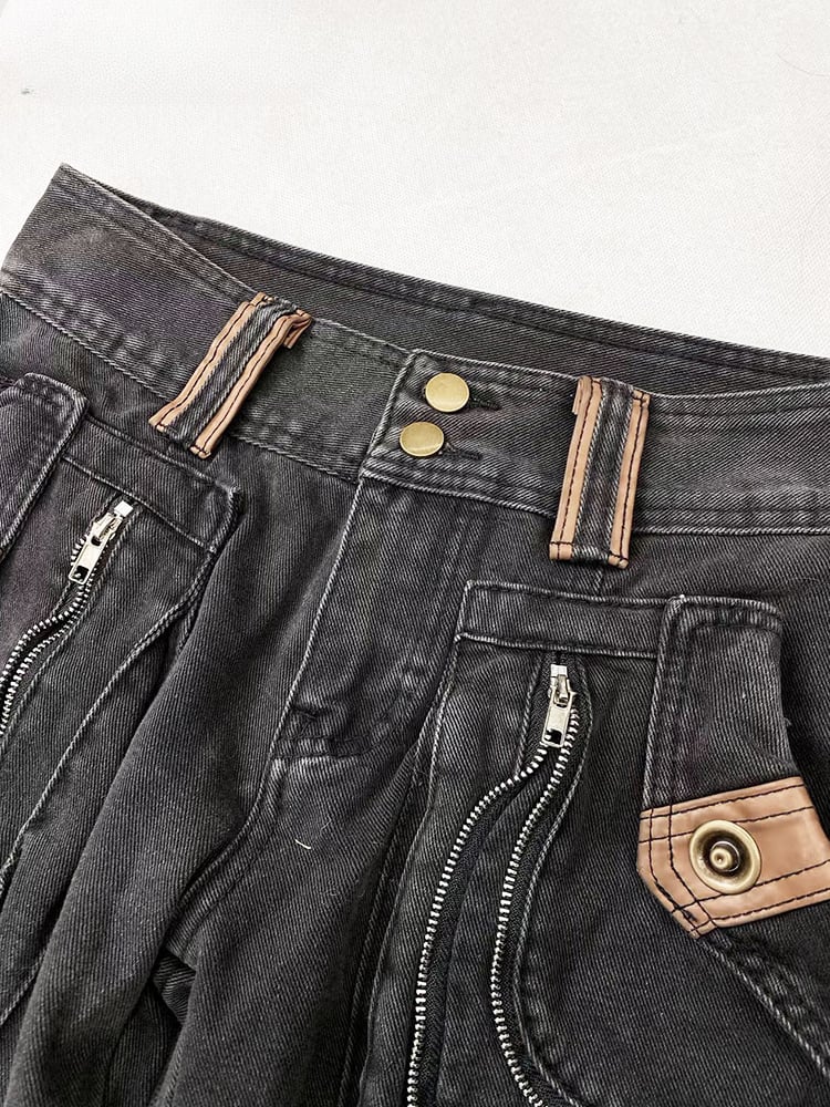 Black Wasteland Punk Distressed Flared Jeans with Cargo Pockets