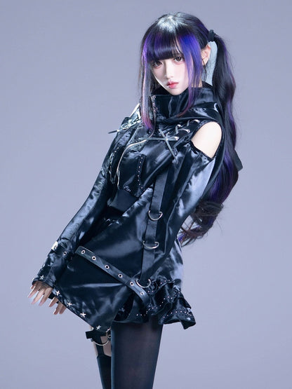 Glossy Gothic Jirai-kei Black 2-Piece Set Cat Ear Hooded Cutout Shoulder Top + Shorts with Leg Garter - Bug Starting